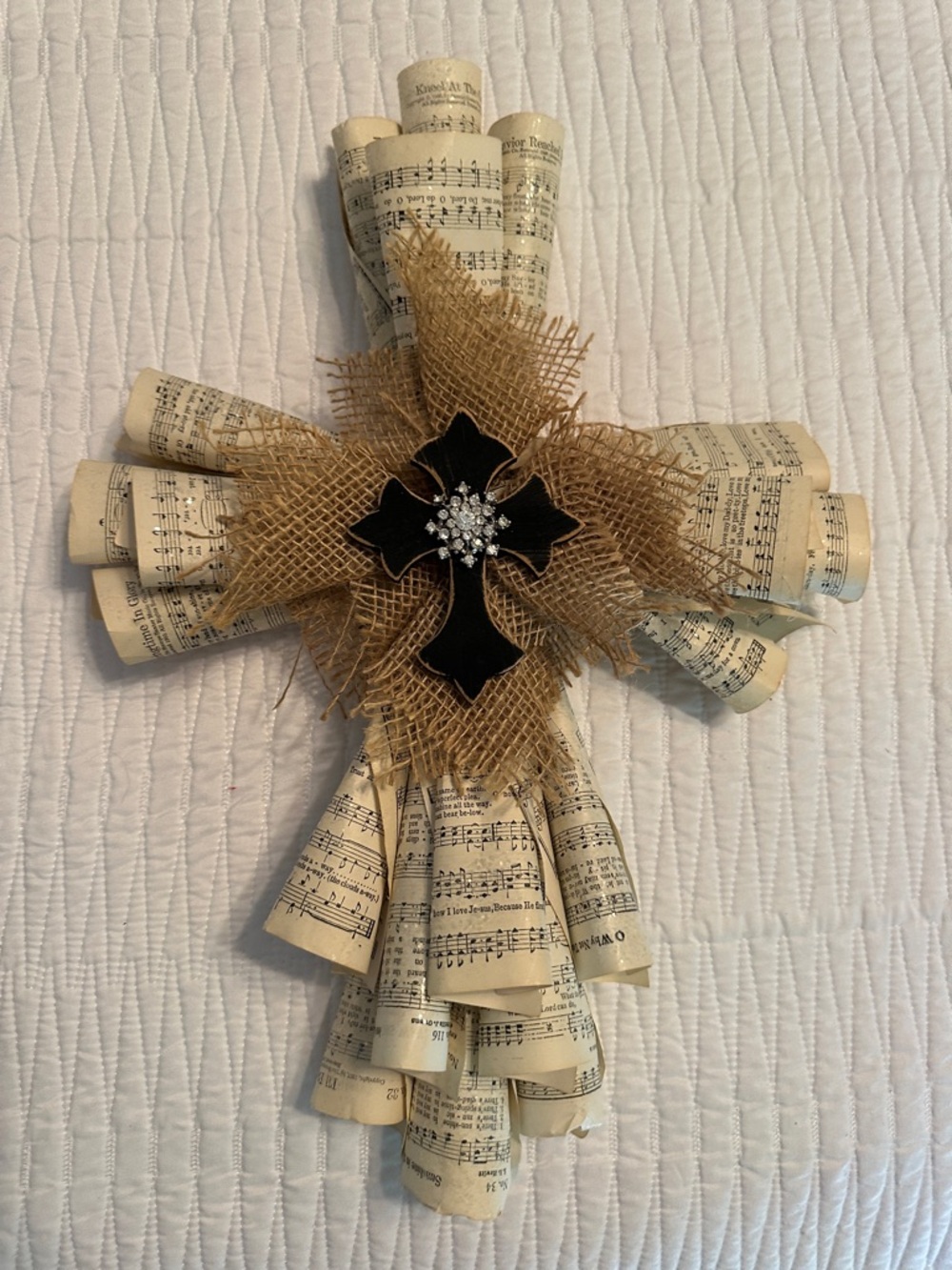 Sheet Music Cross Wall Hanging with Burlap and Rhinestone